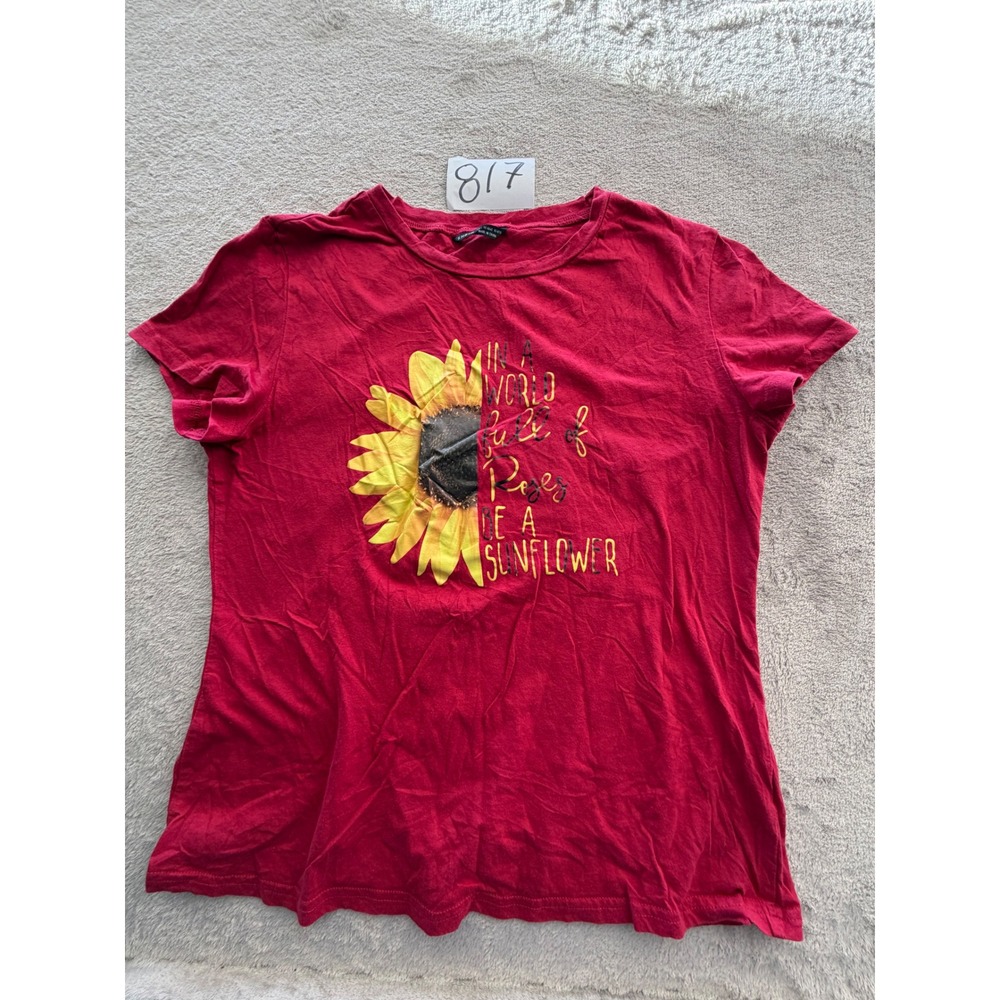 SHEIN Graphic Tee Womens Large Red Sunflower Quote Short Sleeve Shirt